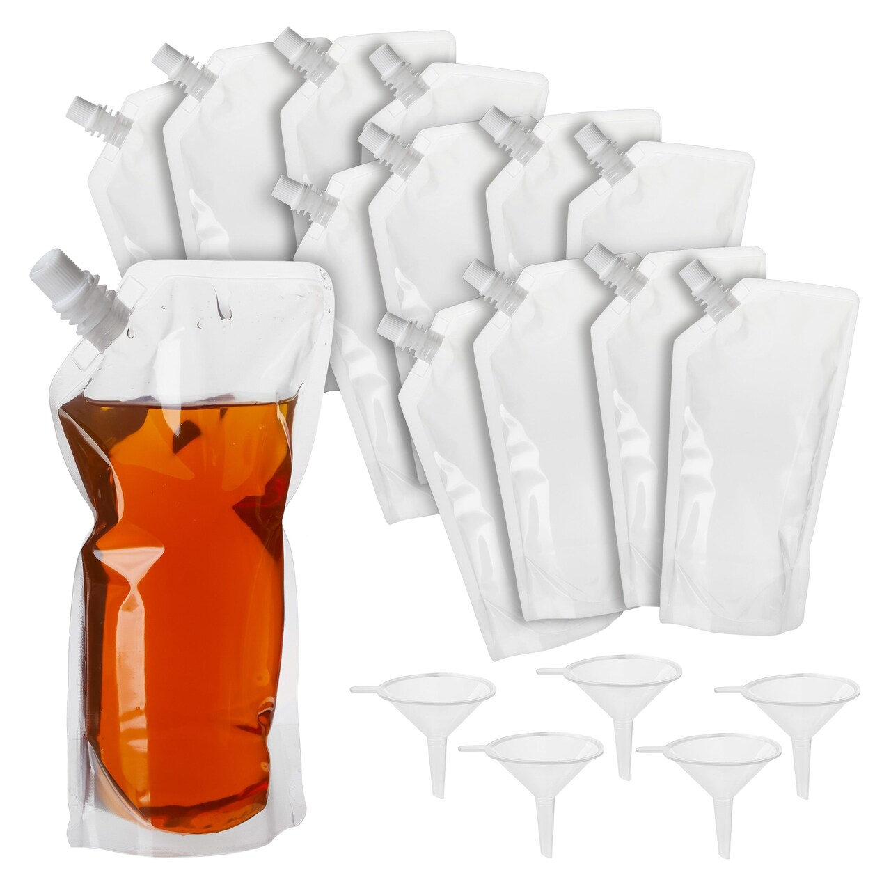 50 Pack 16oz Reusable Adult Plastic Drink Pouches with Funnels for Juice,  Soda, Liquor (9 x 5 In)